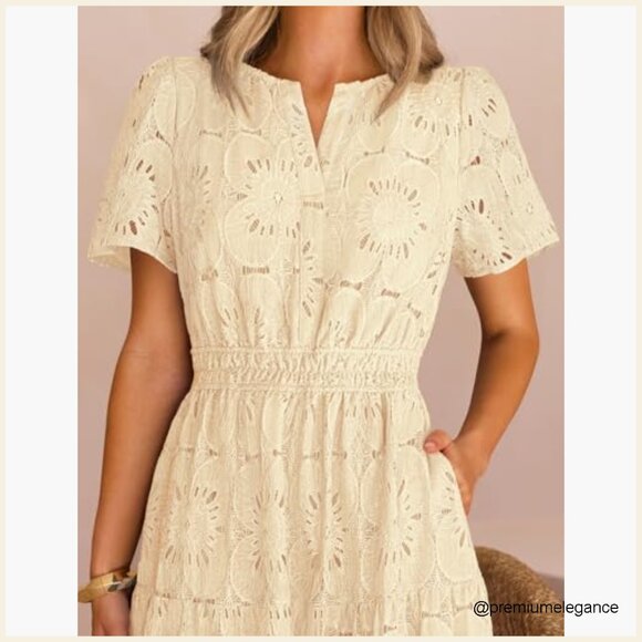 Summer Floral Maxi Dress Boho Eyelet Lace Short Sleeve A Line Tiered - Picture 4 of 7